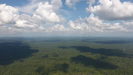 Vista-Aérea-Sombra-De-Nubes-Sobre-El-Paisaje-De-La-Selva-Tropical-En-Guayana.
